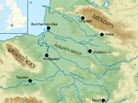 Carte topographique d'une partie du Somerset avec les collines de Mendip au nord-est.