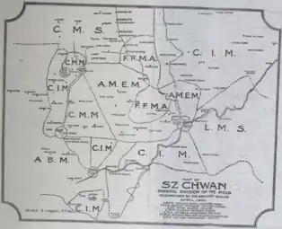 Carte du Sichuan montrant la division du champ par sept sociétés missionnaires protestantes