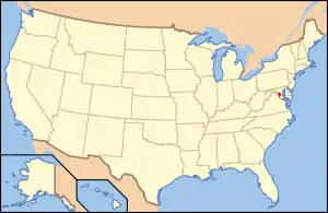Localisation de la capitale (en rouge, à droite dans l'image) par rapport au reste des États-Unis (en jaune).