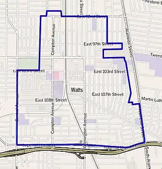 Carte d'une partie de Los Angeles, délimitant le quartier de Watts.