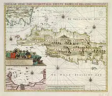 Carte hollandaise de 1718 indiquant comme "gebiedt van de koning van Bantam" ("territoire du roi de Banten") non seulement l'actuelle province mais aussi la partie méridionale de l'actuelle province de Java occidental.