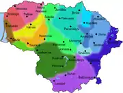 Aire de diffusion des dialectes du lituanien.