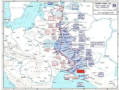 Carte en anglais montrant l'avancée soviétique entre Don et Dniepr entre juillet et décembre 1943.