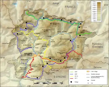 Carte des principaux chemins de randonnée et refuges en Andorre