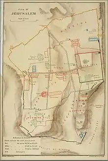 An old map superimposing historical features in relationship to the then-current walled Old City of Jerusalem with the southeast ridge labeled as, Akra or Lower City