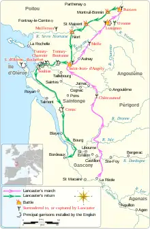 Carte montrant les mouvements de l'armée anglaise. Partant de la Réole, elle se dirige plein nord, loin d'Aiguillon, et s'enfonce jusqu'à Poitiers avant de rebrousser chemin vers Bordeaux en longeant la côte