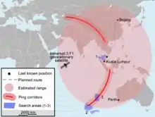 Carte décrivant les deux arcs de recherche de l'avion