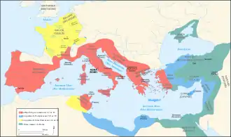 Carte de la Méditerranée avec les conquêtes de Pompée (en Orient) et César (en Gaule et en Afrique).