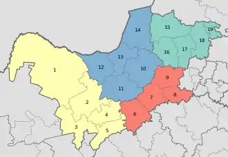  Carte décrivant les divisions de la province en quatre parties, elles-mêmes divisées en dix-huit parties