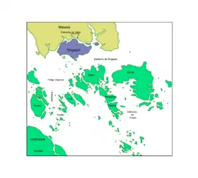 Carte de la région du détroit de Singapour avec la Malaisie en jaune, Singapour en bleu et l'Indonésie en vert.