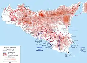 Carte topographique de la Sicile avec l'indication des actions et du plan de l'opération Husky