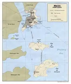 Carte de Macao en 1986 montrant la Seac Pai Van traversée par la chaussée Taipa-Coloane entre les îles de Coloane et Taipa.