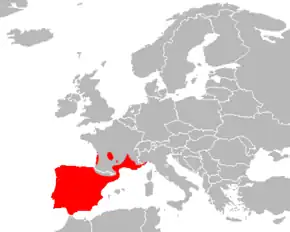carte de répartition du Lézard ocellé, à savoir le Sud méditerranéen et la péninsule ibérique
