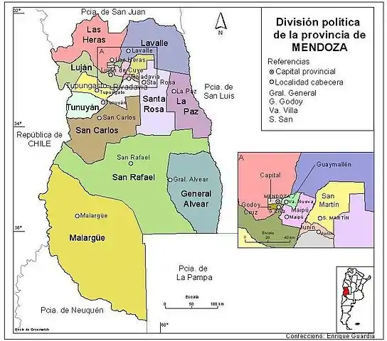 Province de Mendoza, division administrative en départements.