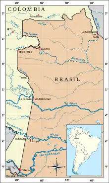 Carte montrant la frontière entre le Brésil et la Colombie, avec la Cabeça do Cachorro dans sa partie supérieure.