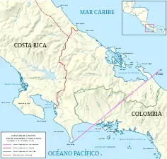 Revendications frontalières faites par la Grande Colombie, le Costa Rica et la République fédérale d'Amérique centrale, selon l'Uti possidetis juris de 1810.