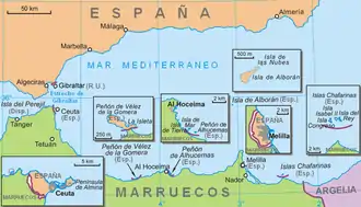 Carte de la région, mettant en évidence les Plazas de soberanía espagnoles.