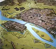Plan maquette représentant Maastricht sur la Meuse au milieu du XVIIIe siècle.
