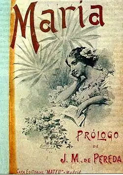 Couverture de roman avec un dessin montrant une femme pensive entourée de fleurs et végétaux, ainsi que des lettres rouges indiquant le titre de l'œuvre, le nom de l'auteur du prologue et l'éditeur à Madrid