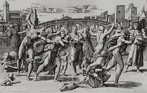 Gravure noir et blanc avec des hommes nus tuant des enfants et leur mère à l'épée dans un décor urbain.