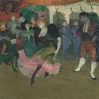 Marcelle Lender au centre et Amélie Diéterle à gauche en robe verte, dans Chilpéric par Henri de Toulouse-Lautrec en 1896.