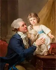 Marcello Bacciarelli, Portrait de Michel Jerzy Mniszech avec sa fille Elżbieta et son chien Kiopek (1795)