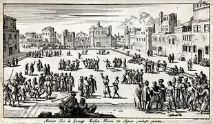 Manière dont les prisonniers chrétiens sont vendus comme esclaves au marché d'Alger. Gravure de 1684.