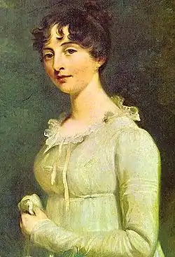 Peinture. Buste de jeune femme brune en robe empire vert pâle