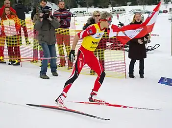 Un skieur de fond en pleine course, vu de côté.