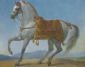 Peinture de cheval harnaché, gris, vu de profil