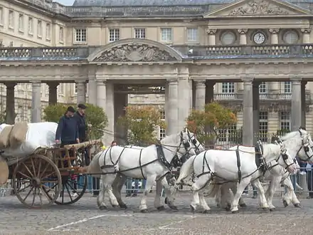 Attelage à quatre chevaux tirant une charrette menée par deux hommes en costume d'époque; l'arrière-plan est l'entrée du château de Compiègne.