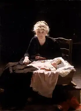 Fantine avec sa fille Cosette peintes par :Margaret Bernadine Hall (en) (huile sur toile, 1886)
