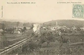 Panorama du village vers 1905 avec un train à vapeur circulant sur la ligne.