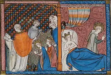 Miniature scindée en deux parties : la première montre Louis et Marguerite de Provence agenouillés devant l'évêque qui les marie ; la seconde représente Marguerite allongée et Saint Louis priant à côté du lit conjugal.