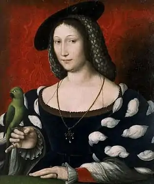Peinture en couleurs d'une femme du temps de la Renaissance, tenant un oiseau dans sur sa main.