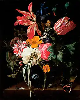 Maria van Oosterwijk,Nature morte au vase de tulipes, roses et autres fleurs avec insectes (1669)