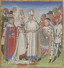 Enluminure de 1460 représentant le mariage (vers 996) de Geoffroi, comte de Rennes et duc de Bretagne avec Havoise de Normandie, sœur de Richard II, duc de Normandie.