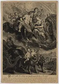 Gravure noir et blanc montrant un char tiré par des lions, surmonté d’un couple royal figuré par Zeus et Héra.