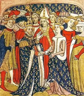 Mariage en 1274 de Marie de Brabant et du roi Philippe III de France. Manuscrit des Chroniques de France ou de Saint Denis datant de la fin du XIVe siècle.