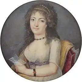 Portrait d'une dame à la lettre, vers 1794-1798, miniature, aquarelle sur ivoire, diamètre 6,6 cm (localisation inconnue)