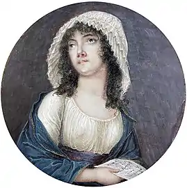 Portrait d'une femme tenant une lettre, vers 1794-1798, miniature, diamètre 7,6 cm (localisation inconnue)