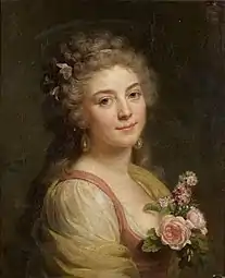 Portrait de femme au corsage fleuri, dit aussi Portrait présumé de Mademoiselle Bélier (1785), localisation inconnue.