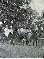 Tenant les rênes d'un attelage à deux chevaux, Marie-Henriette, et sa fille Louise, toutes deux vêtues de clair portent un petit chapeau, derrière le landau se tient un piqueur coiffé d'un haut-de-forme.