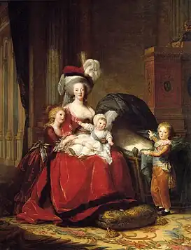 La reine Marie-Antoinette (1755-1793) et ses enfants (de g. à d., Marie-Thérèse Charlotte, Louis Charles et Louis-Joseph Xavier, le berceau vide devait recevoir la princesse Sophie-Béatrice, morte à moins d'un an (11 mois) en 1787) par Élisabeth Vigée-Lebrun, (1787)