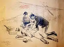 Dessin d'un homme et d'une femme portant des soins à un blessé, devant un avion aux ailes affichant une croix rouge.
