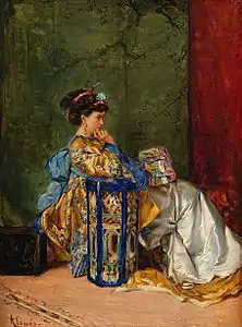 Jeune femme dans un intérieur oriental, huile sur bois, époque 1870