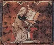 Enluminure représentant une femme assise en train d'écrire.