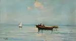 Marina con barca e pescatori. Non daté. Huile sur toile, 29 × 53 cm, collection privée.