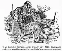 Caricature illustrant un homme de forte corpulence assis sur une chaise.