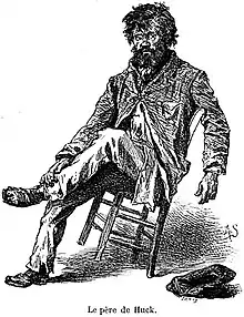 Gravure noir et blanc. Barbu hirsute et débraillé assis sur une chaise qu'il penche en arrière. Son chapeau est à terre.